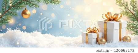 Christmas blue background with white gift boxes with gold bows, glowing bokeh and glitter. Festive mood Christmas and New Year card with copy space. AI generated 120665172
