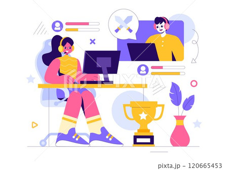E-sports Vector Illustration featuring a Gamer in Virtual Reality, Playing Online Games on Consoles or Using a Joystick with a Gamepad in a Background E-sports Vector Illustration featuring a Gamer in Virtual Reality, Playing Online Games on Consoles or Using a Joystick with a Gamepad in a Background 120665453