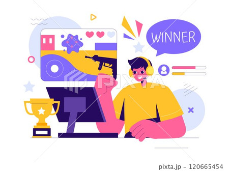 E-sports Vector Illustration featuring a Gamer in Virtual Reality, Playing Online Games on Consoles or Using a Joystick with a Gamepad in a Background E-sports Vector Illustration featuring a Gamer in Virtual Reality, Playing Online Games on Consoles or Using a Joystick with a Gamepad in a Background 120665454