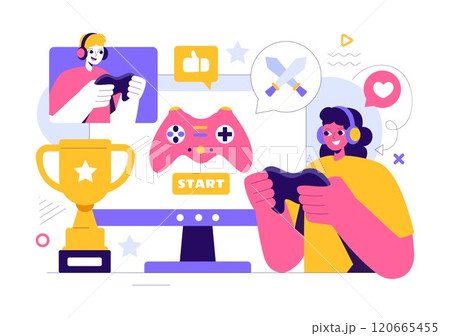 E-sports Vector Illustration featuring a Gamer in Virtual Reality, Playing Online Games on Consoles or Using a Joystick with a Gamepad in a Background E-sports Vector Illustration featuring a Gamer in Virtual Reality, Playing Online Games on Consoles or Using a Joystick with a Gamepad in a Background 120665455