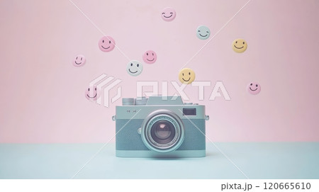 Vintage camera sits on a two toned pastel background, capturing the essence of happy moments as colorful emojis float above, symbolizing positive feedback and engagement on social media platforms 120665610