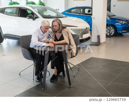 A mature couple is sitting in a car dealership and looking at a smartphone.  120665739