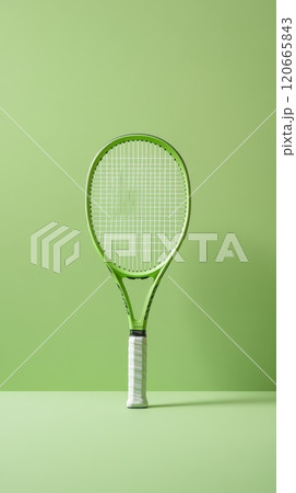 Vibrant green tennis racket stands vertically on a matching green surface, creating a minimalist composition against a solid green backdrop, ideal for sports and active lifestyle themes Vibrant green tennis racket stands vertically on a matching green surface, creating a minimalist composition against a solid green backdrop, ideal for sports and active lifestyle themes 120665843