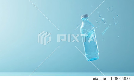 Transparent bottle with refreshing water splashing, creating a dynamic scene against a serene light blue backdrop, ideal for conveying purity, hydration, and a healthy lifestyle 120665888