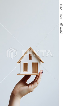 Hand cradles a small wooden house model, symbolizing home, real estate, and security. This image captures dreams of family life and financial stability 120665901