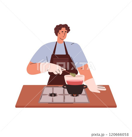 Vector image soap making: a guy in gloves stirs a soap base on a stove 120666058