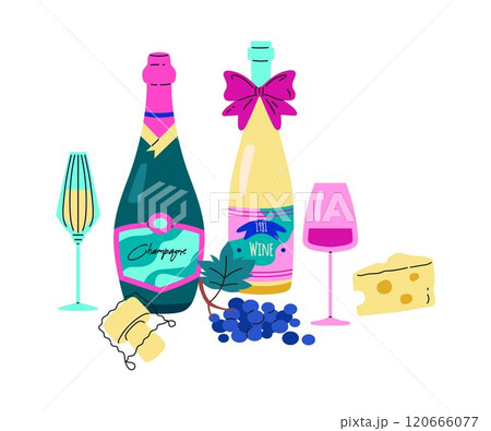 Vector icon of a picnic set with bottles of champagne and wine, glasses, cheese and grapes 120666077