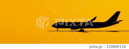 Silhouette of large airplane taxiing on vibrant yellow runway, perfect for travel and aviation concepts. Ideal for messages about holidays, business trips, or international travel 120666138