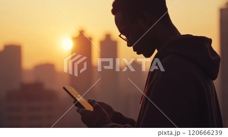 Silhouette of a young man using smartphone with social media app icons at sunset with city skyline in background, concept of technology and social media 120666239