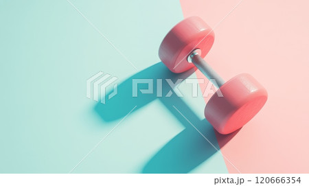 Pink dumbbell casting a defined shadow on a background divided diagonally into pastel blue and pink, creating a vibrant and sporty composition Pink dumbbell casting a defined shadow on a background divided diagonally into pastel blue and pink, creating a vibrant and sporty composition 120666354