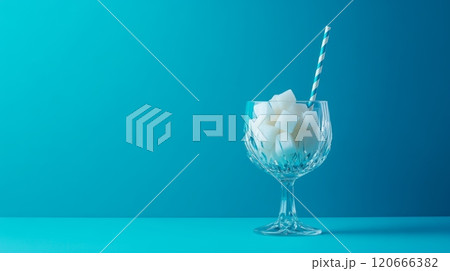 Crystal glass full of sugar cubes with a blue striped straw on a turquoise background represents excessive sugar consumption and the need for sugar reduction 120666382