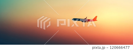 Passenger airplane glides gracefully over fluffy clouds during a captivating sunset, embodying travel and adventure Passenger airplane glides gracefully over fluffy clouds during a captivating sunset, embodying travel and adventure 120666477