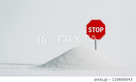 Red stop sign standing on pile of sugar granules represents sugar reduction, no added sugar, low sugar lifestyle, and raises awareness about dangers of excessive sugar intake 120666643