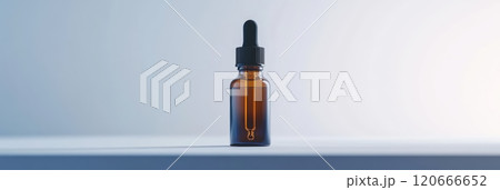 Amber glass dropper bottle with black cap of face serum or essential oil on white surface with gray background, for gender neutral skincare 120666652