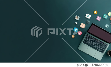 Social media marketing concept with laptop showing blank screen and social media icons floating above, suggesting the power of online connection and digital engagement 120666680