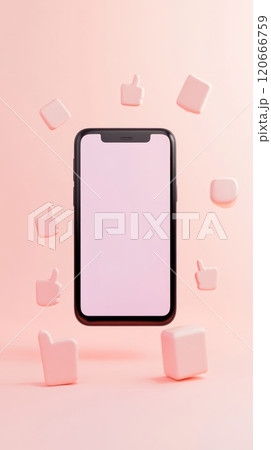 Smartphone with blank screen is surrounded by floating like icons on a soft pink background, representing social media marketing, app engagement, and positive feedback 120666759
