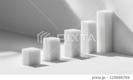 Stacked white sugar cubes form a graph, highlighting sugar consumption risks and promoting awareness of sugar free lifestyles 120666769