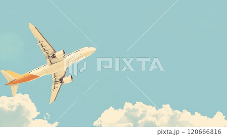 White and orange airplane soars in the sky, leaving a trail of clouds, evoking freedom and adventure. Perfect for travel concepts, the vintage look adds nostalgia 120666816