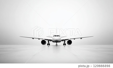 White passenger airplane is standing on an airport runway with a white background. The image evokes a sense of minimalism and possibility White passenger airplane is standing on an airport runway with a white background. The image evokes a sense of minimalism and possibility 120666898