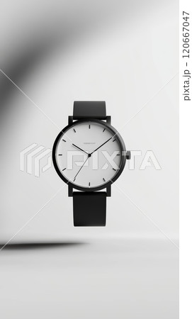 Modern and stylish wristwatch with black leather strap and white dial floating on a minimalist white background, creating a sleek and elegant composition 120667047