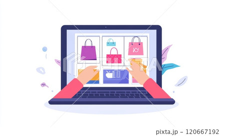 Hands reaching out of laptop screen selecting items in online store, representing convenient and modern e commerce shopping experience 120667192