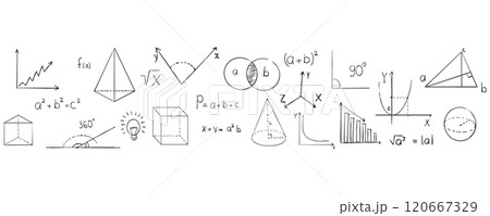 Math doodle hand drawn border, with formula, geometric shapes, chalk texture. School science lesson. Study seamless illustration. 120667329