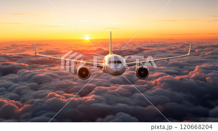 Airplane flying above the clouds at sunset, representing travel and vacation 120668204