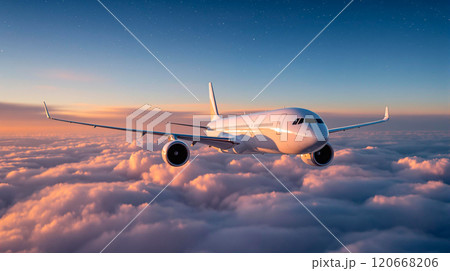 Sleek commercial jet plane soars high above fluffy clouds during a stunning sunset, offering a luxurious and speedy mode of travel through the skies 120668206