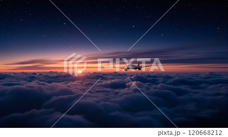 Commercial aircraft soaring above the clouds at sunset, with a beautiful starry sky Commercial aircraft soaring above the clouds at sunset, with a beautiful starry sky 120668212