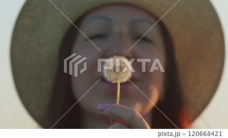 Portrait Of A Beautiful Brunette Female Blowing On Ripened Dandelion. Adorable Smiling Woman Blowing On Dandelion. Close Up. 120668421