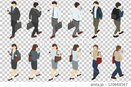 Isometric illustration: walking while using a smartphone Isometric illustration: walking while using a smartphone 120668567