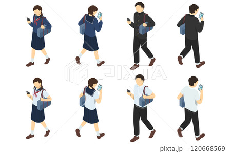 アイソメトリックイラスト:歩きスマホ(中学生) アイソメトリックイラスト:歩きスマホ(中学生) 120668569