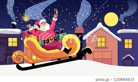 Santa Claus celebrating in sleigh festive night scene with gifts houses snow moon stars joyful holiday atmosphere Christmas theme Santa Claus celebrating in sleigh festive night scene with gifts houses snow moon stars joyful holiday atmosphere Christmas theme 120668615