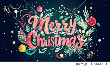 Christmas holiday greeting festive design with ornaments pine branches and berries on a dark background decorative elements for cards and banners 120668621