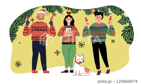 Christmas family celebration festive sweaters cheerful people holding decorations dog pine branches snowflakes yellow background Christmas family celebration festive sweaters cheerful people holding decorations dog pine branches snowflakes yellow background 120668674