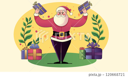 Santa Claus holding gifts festive scene colorful presents greenery yellow background holiday theme Santa Claus holding gifts festive scene colorful presents greenery yellow background holiday theme 120668721