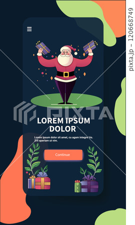 Santa Claus holding gifts festive mobile app design with colorful presents and decorative leaves on dark background Santa Claus holding gifts festive mobile app design with colorful presents and decorative leaves on dark background 120668749
