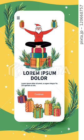 Santa meditating on gifts festive scene. Santa in yoga pose atop colorful presents surrounded by pine branches on a holiday-themed mobile app screen 120668757