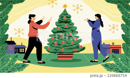 Christmas tree decorating festive scene with two people outdoors snowflakes houses colorful winter setting 120668759