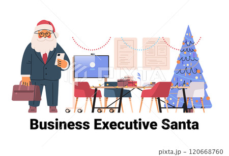 Business executive Santa office Christmas theme festive Santa Claus in suit holding phone briefcase office setting tree decorations gifts desk 120668760