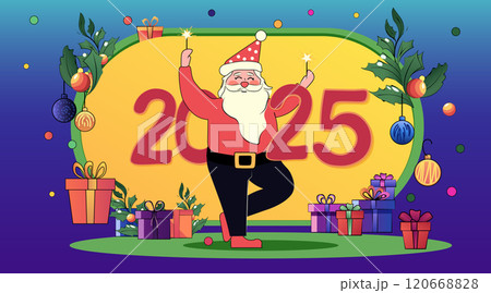Santa Claus dancing festive scene with gifts vibrant colors Christmas decorations holiday celebration design template 120668828