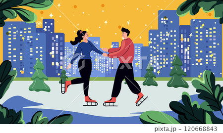 Couple ice skating cityscape winter scene colorful buildings trees night sky digital art 120668843