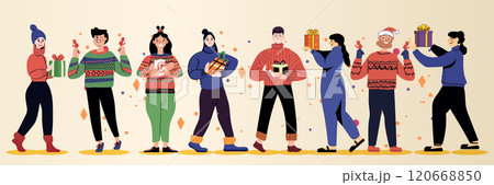 People exchanging gifts festive winter scene colorful sweaters cheerful expressions abstract background holiday celebration People exchanging gifts festive winter scene colorful sweaters cheerful expressions abstract background holiday celebration 120668850