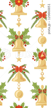 Vector seamless pattern with Christmas bells with ribbon and foliage decoration on white background in cartoon style. Festive texture Vector seamless pattern with Christmas bells with ribbon and foliage decoration on white background in cartoon style. Festive texture 120668851