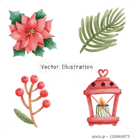 Watercolor Christmas ornament, Christmas light, holly, lantern, 120668973