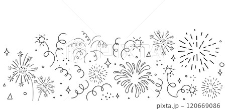 Confetti border doodle drawing. Sketch burst with ribbon dots. Celebration simple decor, party seamless holiday background. 120669086