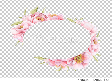Floral pastel pink oval sticker template for watercolor wedding invitation. Round wreath frame of peony flowers isolated illustration. Garden roses clipart. Women's Day greeting card Floral pastel pink oval sticker template for watercolor wedding invitation. Round wreath frame of peony flowers isolated illustration. Garden roses clipart. Women's Day greeting card 120669138