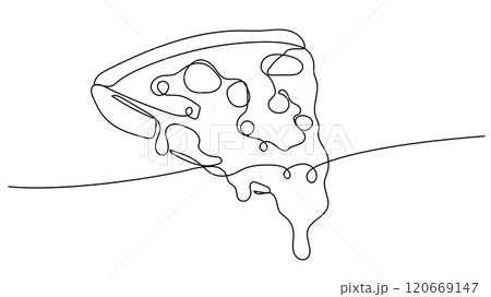 Slice of pizza one continuous line illustration. Hand drawn doodle sketch of fast food 120669147