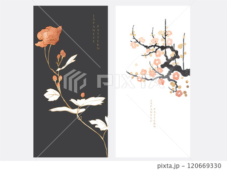Japanese background with Asian traditional icon vector. Flower, wave pattern, bamboo elements. Geometric pattern in vintage style. Invitation card design. Japanese background with Asian traditional icon vector. Flower, wave pattern, bamboo elements. Geometric pattern in vintage style. Invitation card design. 120669330