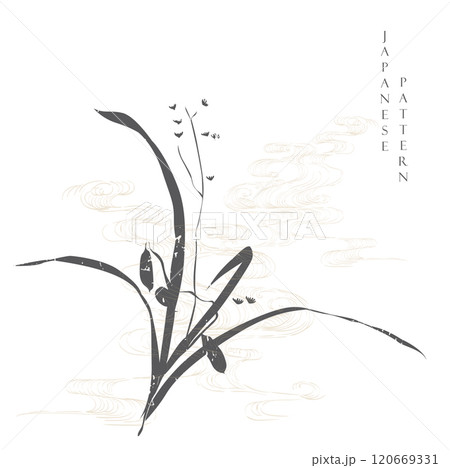 Hand drawn branch of flower and wave with Japanese pattern vector. Chinese painting decoration with logo design, flyer or presentation in vintage style. Hand drawn branch of flower and wave with Japanese pattern vector. Chinese painting decoration with logo design, flyer or presentation in vintage style. 120669331